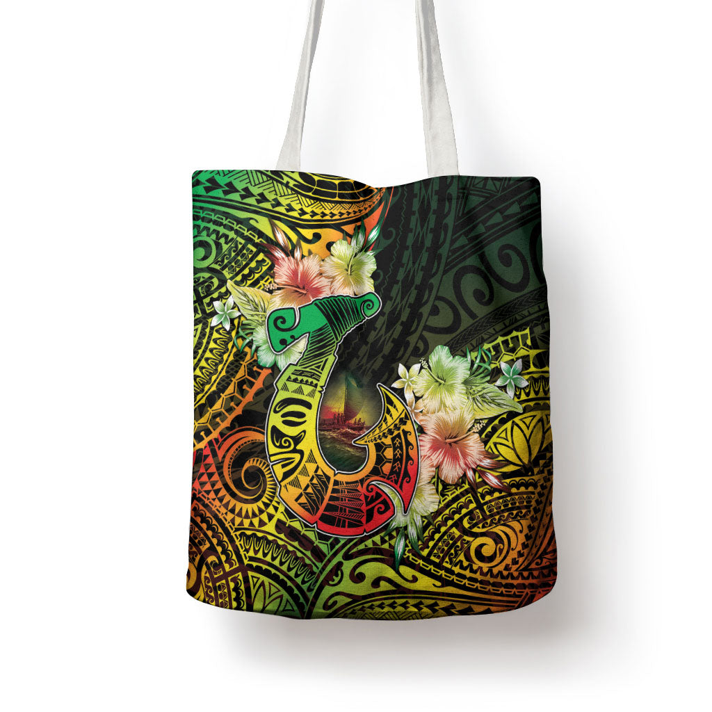 Hawaii Discoverers Day Tote Bag Polynesian Fish Hook With Hibiscus Reggae