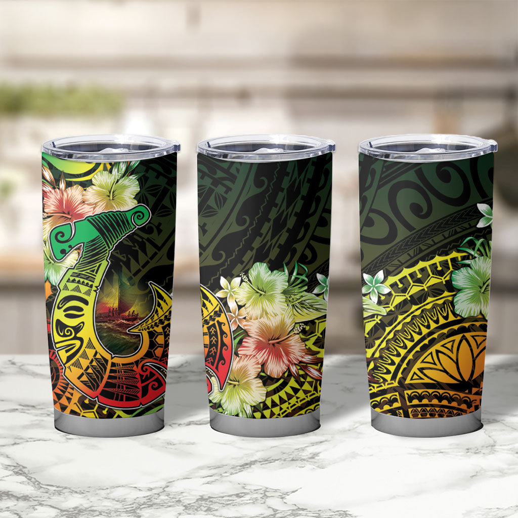 Hawaii Discoverers Day Tumbler Cup Polynesian Fish Hook With Hibiscus Reggae