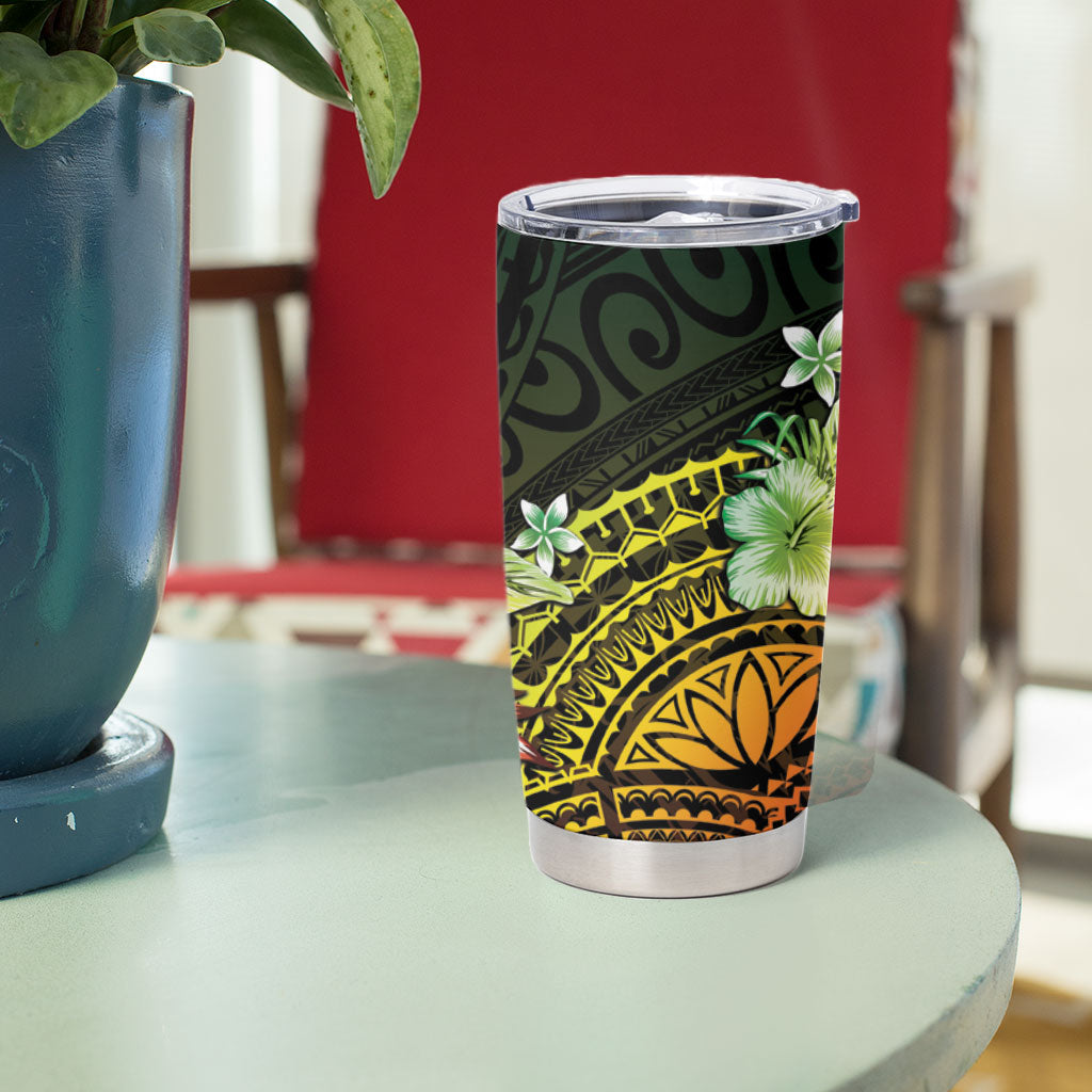 Hawaii Discoverers Day Tumbler Cup Polynesian Fish Hook With Hibiscus Reggae