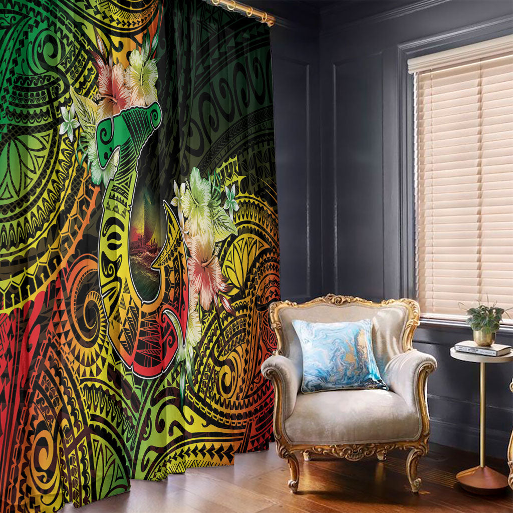 Hawaii Discoverers Day Window Curtain Polynesian Fish Hook With Hibiscus Reggae