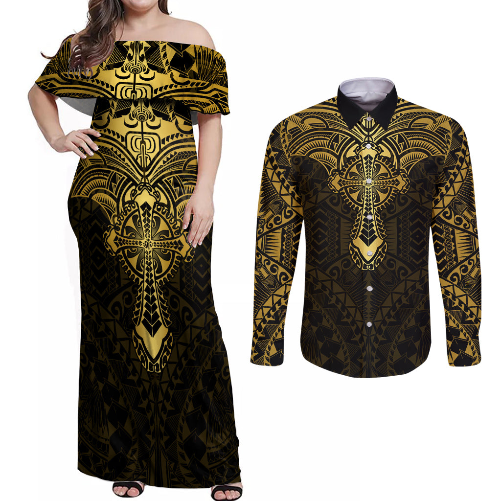 Personalized Polynesia Couples Matching Off Shoulder Maxi Dress and Long Sleeve Button Shirt With Christian Cross LT05 Gold - Polynesian Pride