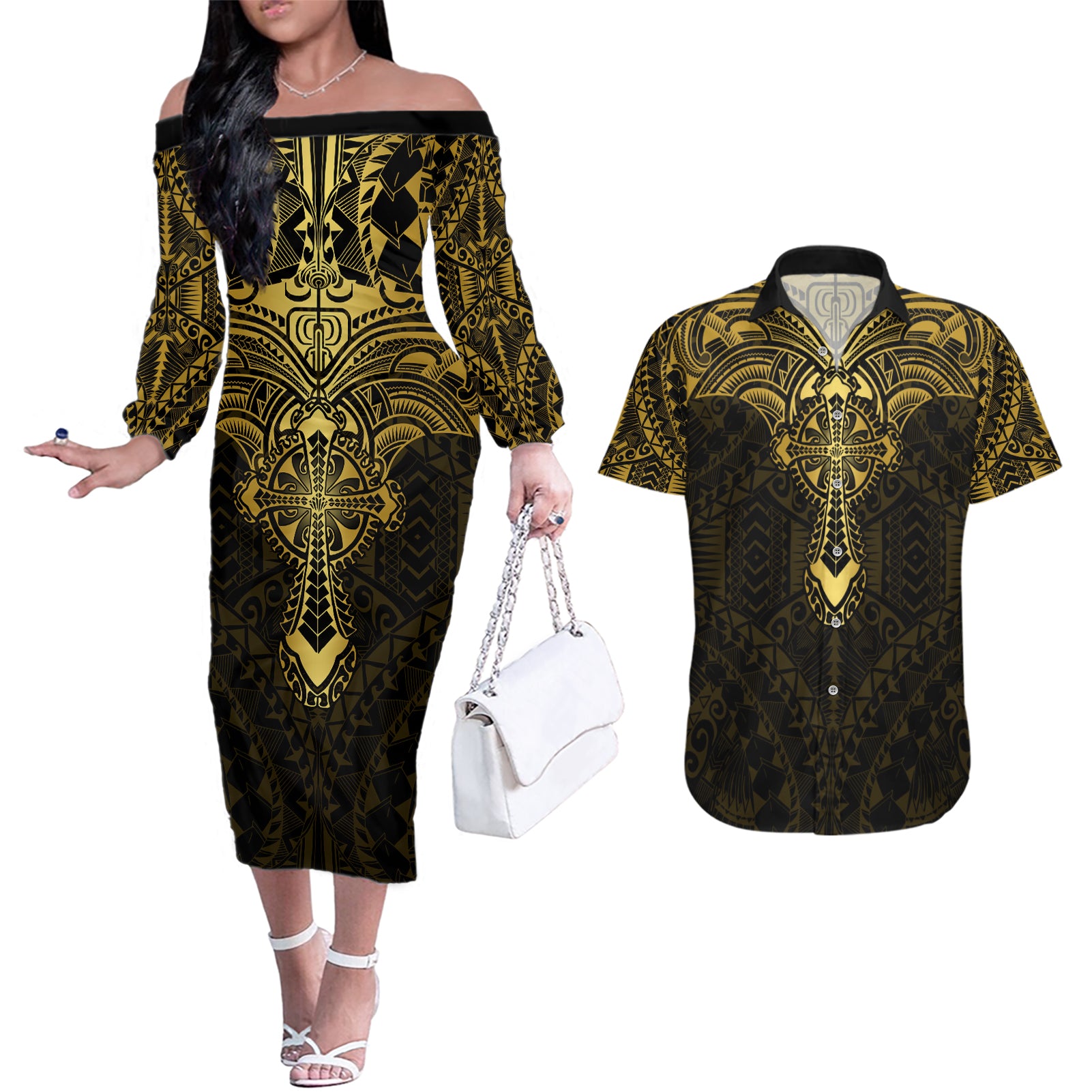 Personalized Polynesia Couples Matching Off The Shoulder Long Sleeve Dress and Hawaiian Shirt With Christian Cross LT05 Gold - Polynesian Pride