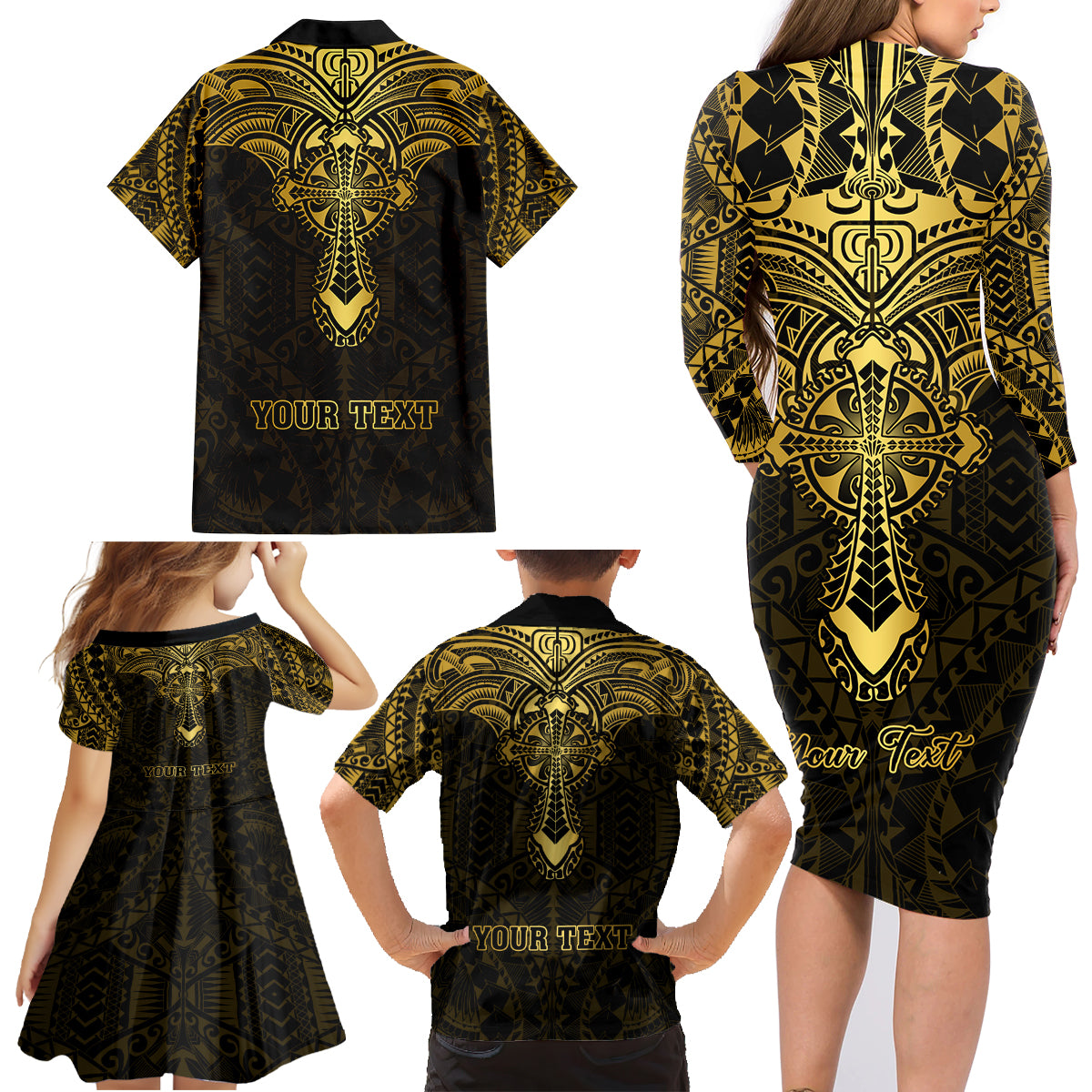 Personalized Polynesia Family Matching Long Sleeve Bodycon Dress and Hawaiian Shirt With Christian Cross LT05 - Polynesian Pride
