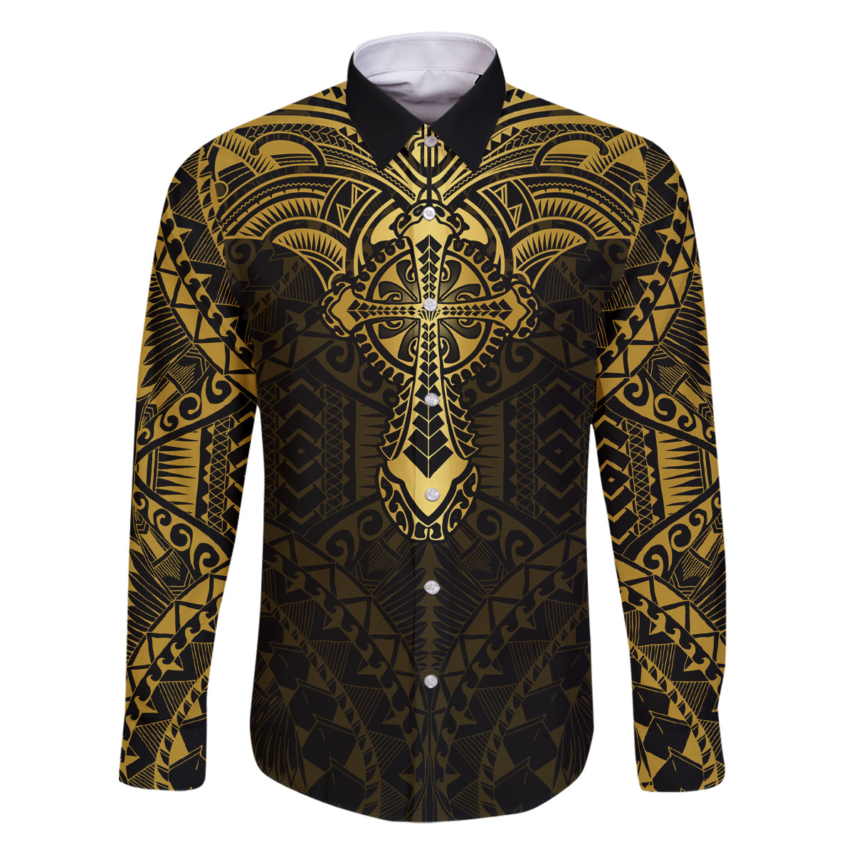 Personalized Polynesia Family Matching Long Sleeve Bodycon Dress and Hawaiian Shirt With Christian Cross LT05 Dad's Shirt - Long Sleeve Gold - Polynesian Pride