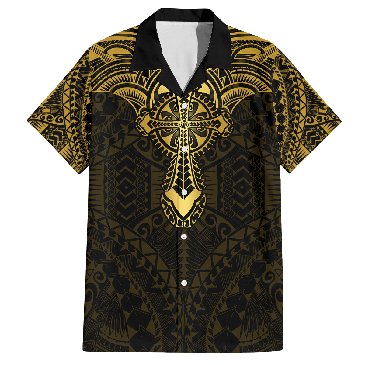 Personalized Polynesia Family Matching Off Shoulder Long Sleeve Dress and Hawaiian Shirt With Christian Cross LT05 Dad's Shirt - Short Sleeve Gold - Polynesian Pride