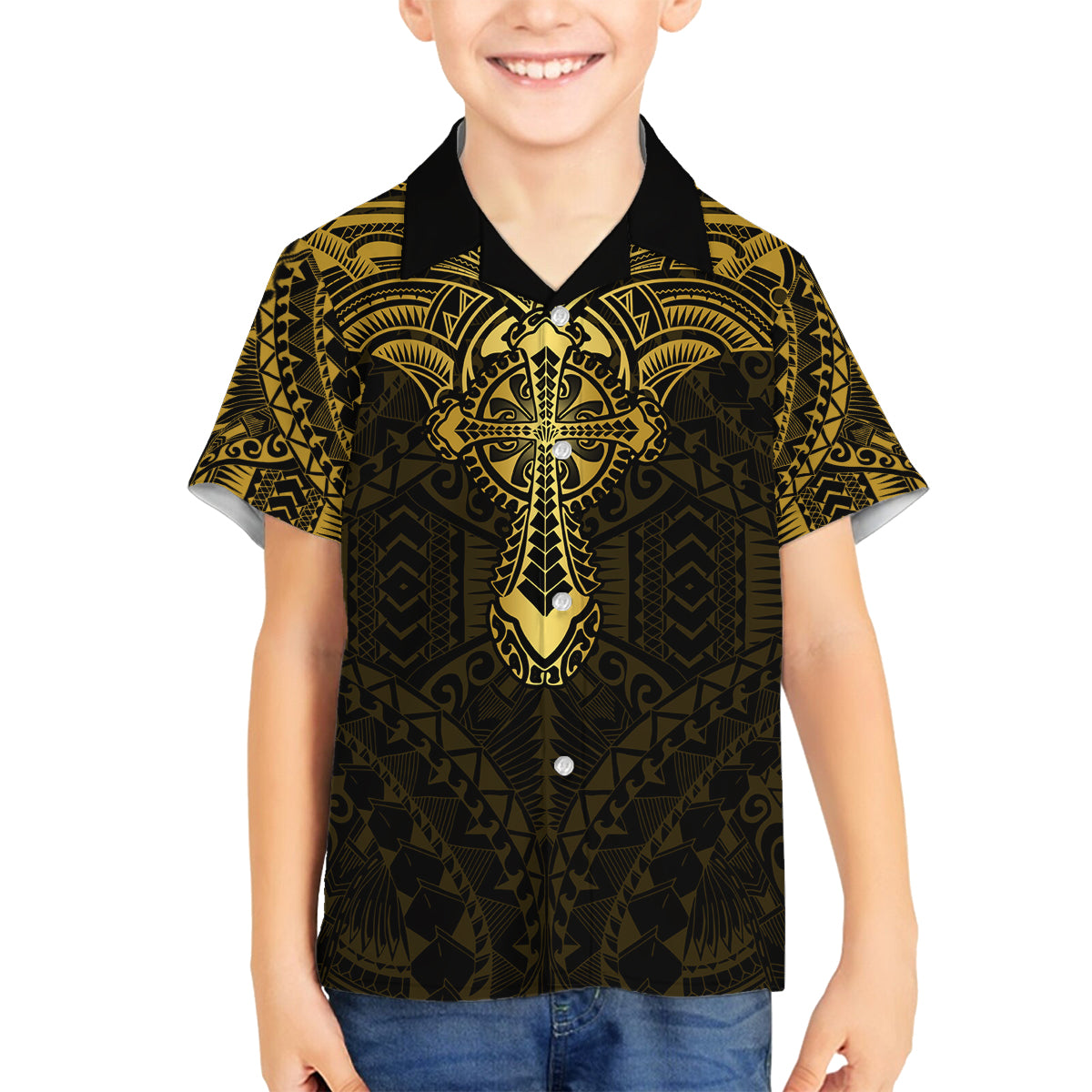 Personalized Polynesia Family Matching Off Shoulder Maxi Dress and Hawaiian Shirt With Christian Cross LT05 Son's Shirt Gold - Polynesian Pride