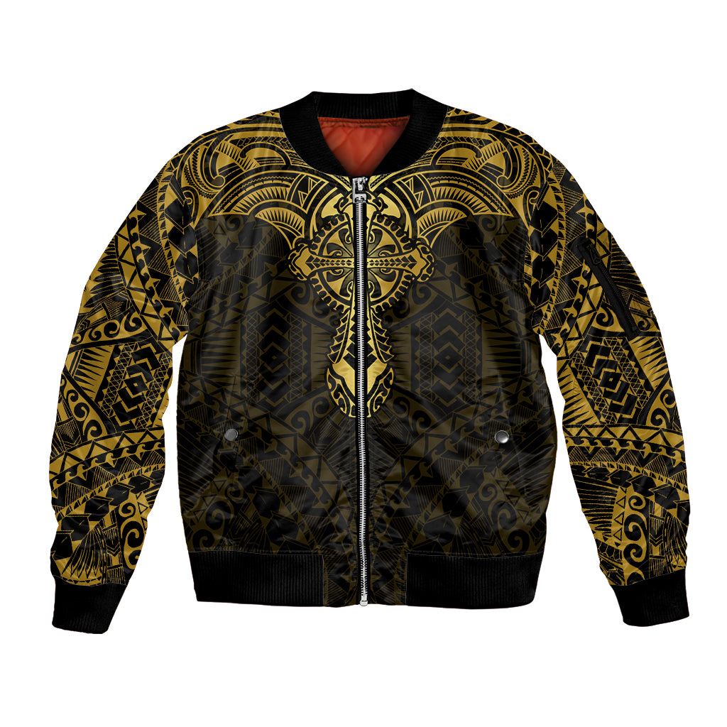 Personalized Polynesia Sleeve Zip Bomber Jacket With Christian Cross LT05 Unisex Gold - Polynesian Pride