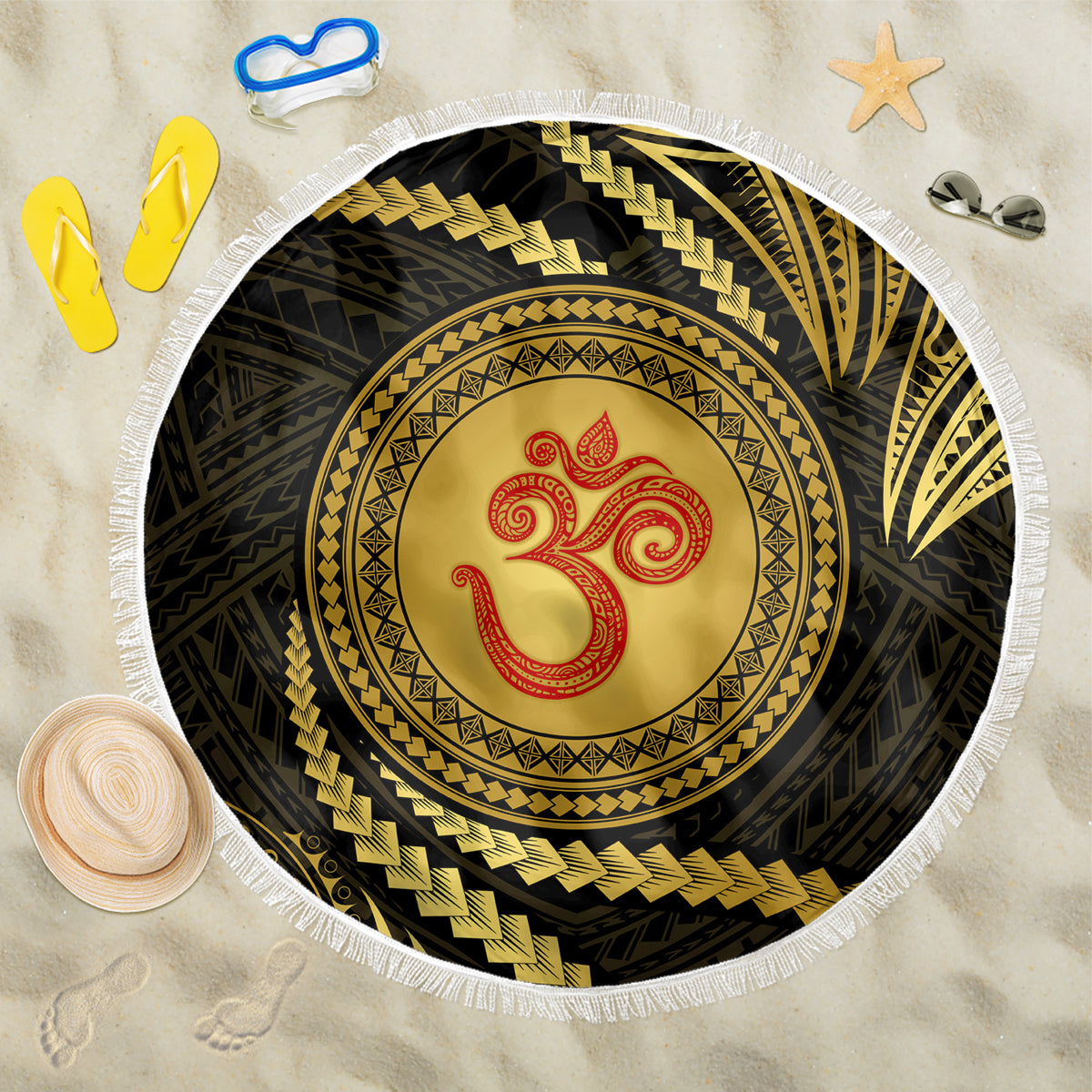 Polynesia Beach Blanket With Hindu Om Symbol LT05 One Size 150cm Gold - Wonder Print Shop