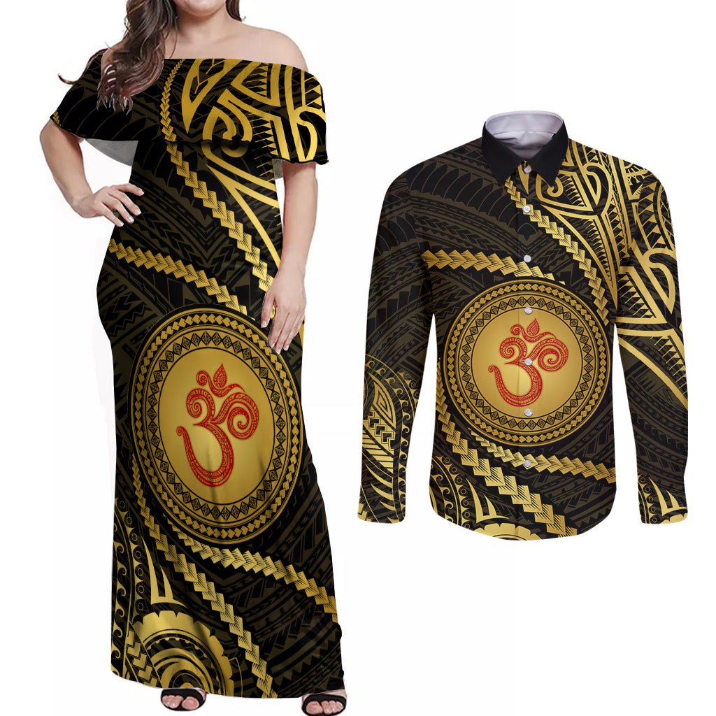 Polynesia Couples Matching Off Shoulder Maxi Dress and Long Sleeve Button Shirt With Hindu Om Symbol LT05 Gold - Polynesian Pride