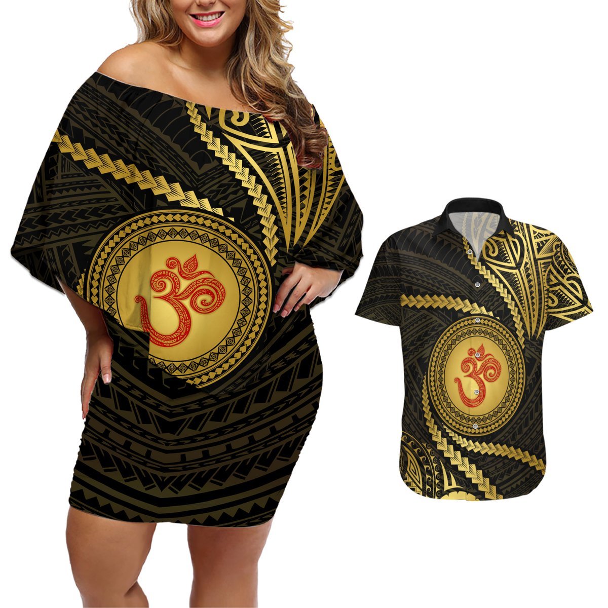 Polynesia Couples Matching Off Shoulder Short Dress and Hawaiian Shirt With Hindu Om Symbol LT05 Gold - Polynesian Pride