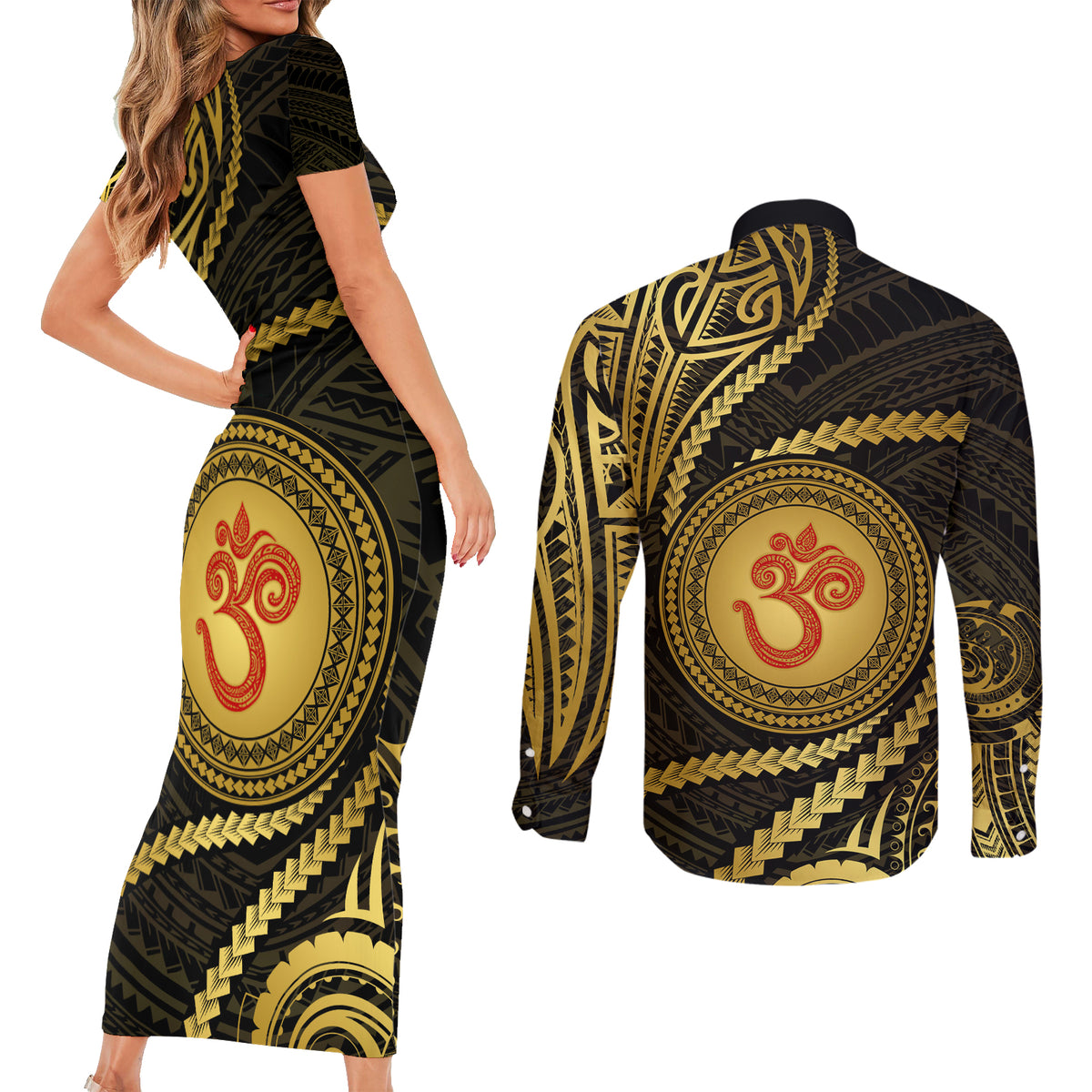 Polynesia Couples Matching Short Sleeve Bodycon Dress and Long Sleeve Button Shirt With Hindu Om Symbol LT05 - Polynesian Pride