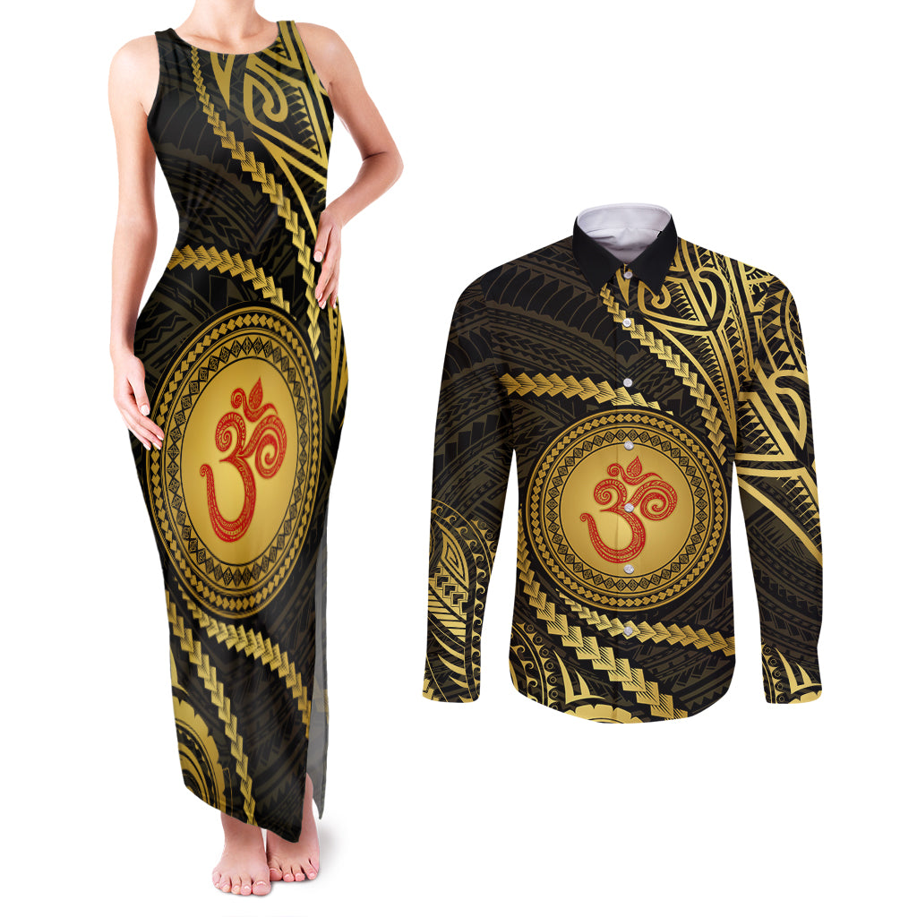Polynesia Couples Matching Tank Maxi Dress and Long Sleeve Button Shirt With Hindu Om Symbol LT05 Gold - Polynesian Pride