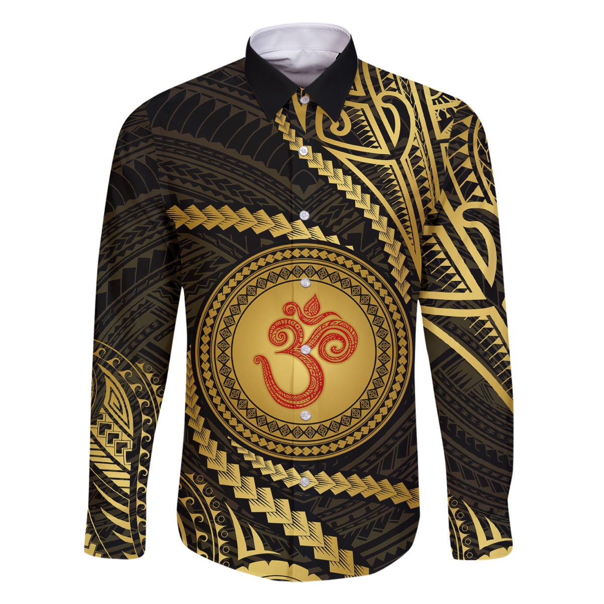 Polynesia Family Matching Off Shoulder Long Sleeve Dress and Hawaiian Shirt With Hindu Om Symbol LT05 Dad's Shirt - Long Sleeve Gold - Polynesian Pride