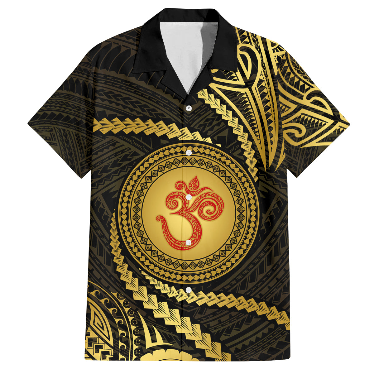 Polynesia Family Matching Off Shoulder Maxi Dress and Hawaiian Shirt With Hindu Om Symbol LT05 Dad's Shirt - Short Sleeve Gold - Polynesian Pride