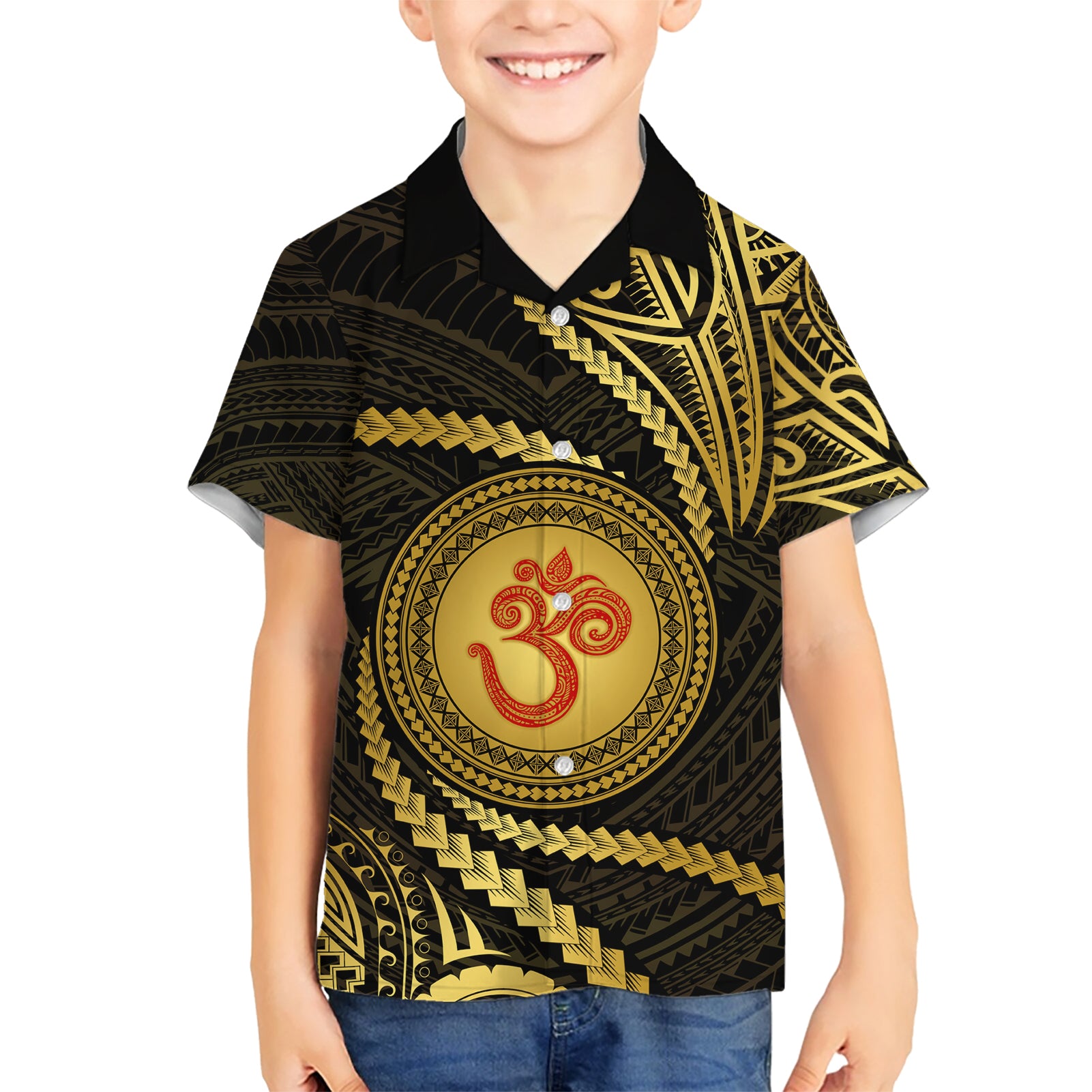 Polynesia Kid Hawaiian Shirt With Hindu Om Symbol LT05 Kid Gold - Polynesian Pride