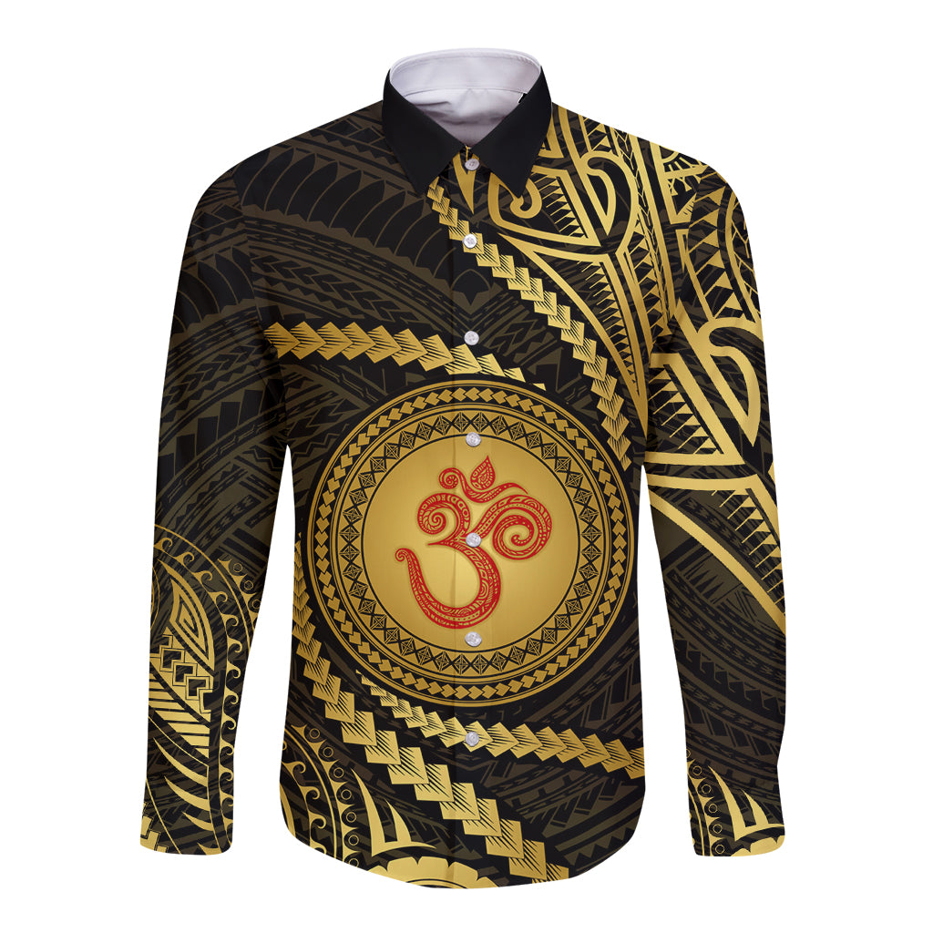 Polynesia Long Sleeve Button Shirt With Hindu Om Symbol LT05 Unisex Gold - Polynesian Pride