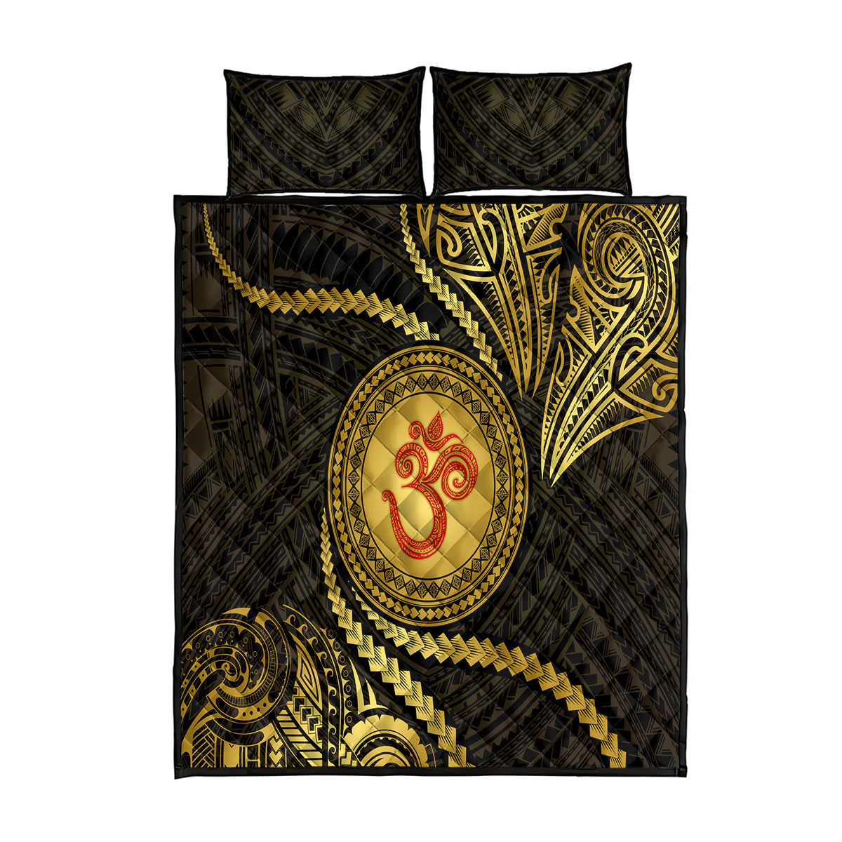 Polynesia Quilt Bed Set With Hindu Om Symbol LT05 Gold - Polynesian Pride