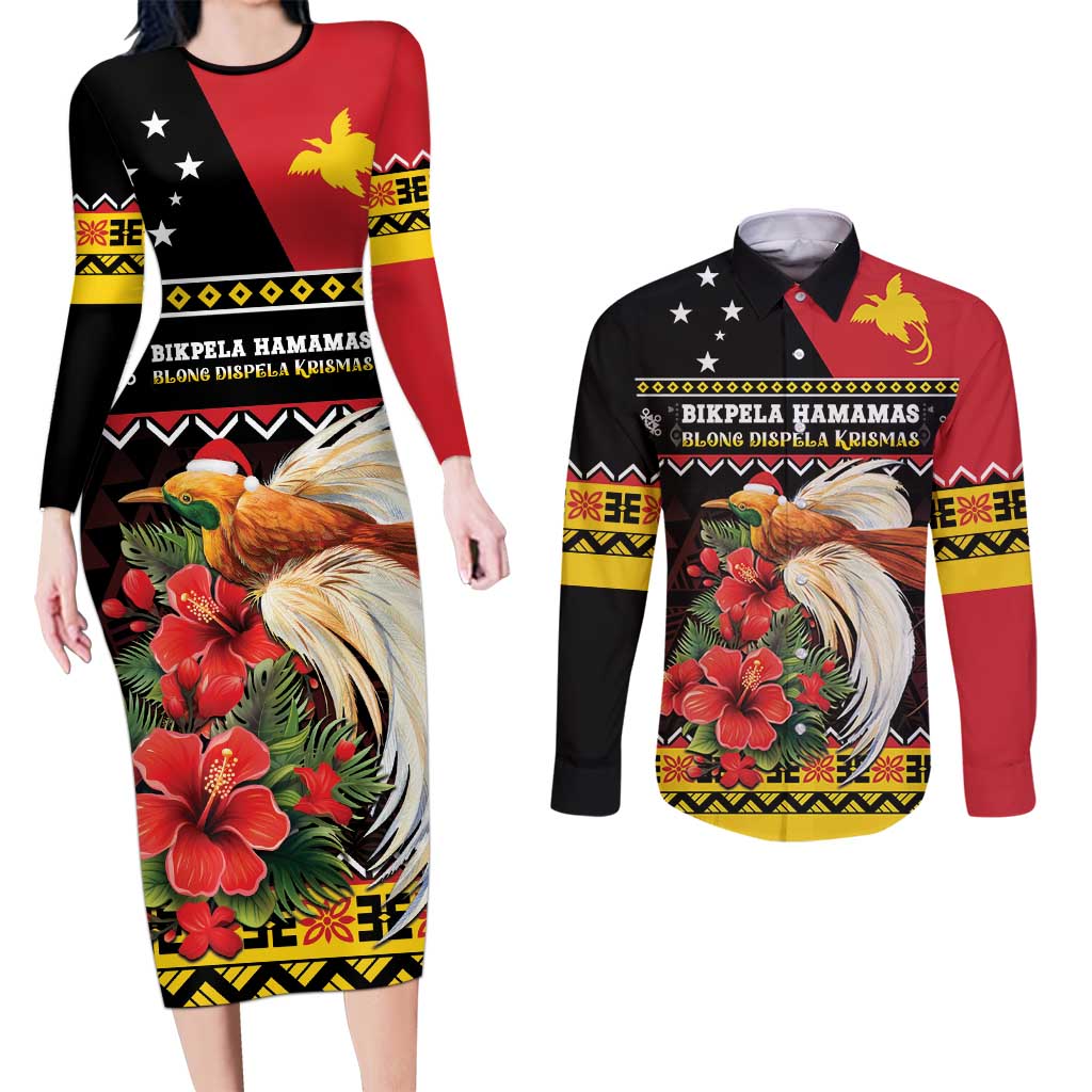 Papua New Guinea Christmas Couples Matching Long Sleeve Bodycon Dress and Long Sleeve Button Shirt Bird Of Paradise Hamamas Krismas