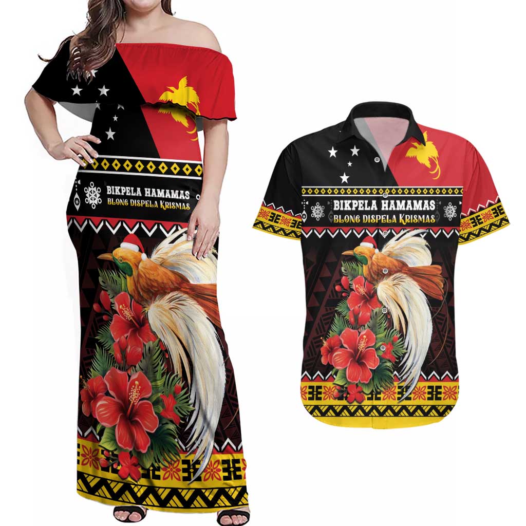 Papua New Guinea Christmas Couples Matching Off Shoulder Maxi Dress and Hawaiian Shirt Bird Of Paradise Hamamas Krismas