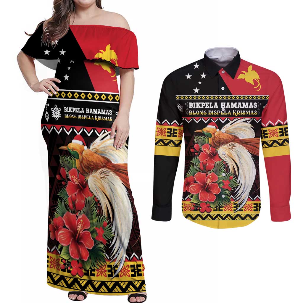 Papua New Guinea Christmas Couples Matching Off Shoulder Maxi Dress and Long Sleeve Button Shirt Bird Of Paradise Hamamas Krismas