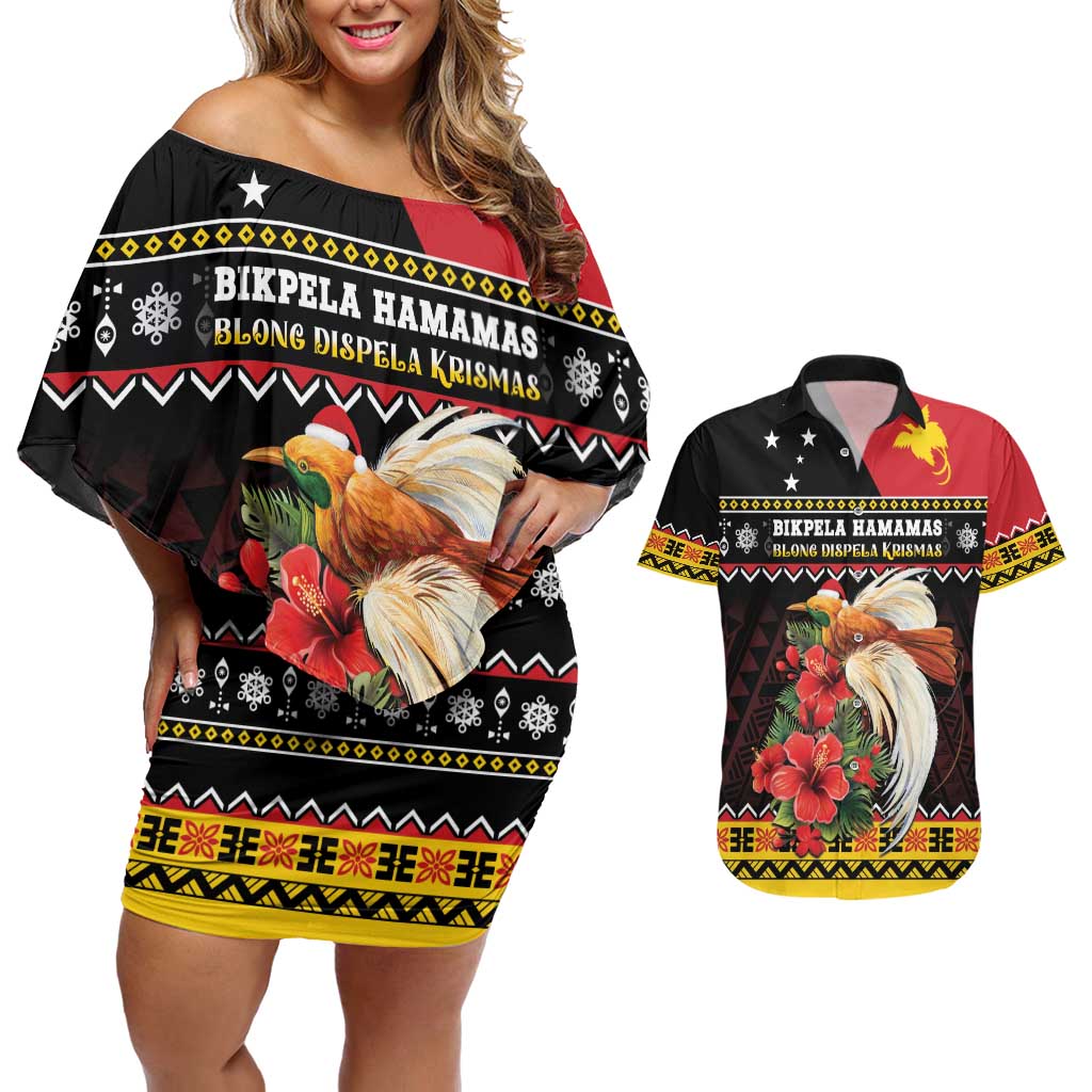 Papua New Guinea Christmas Couples Matching Off Shoulder Short Dress and Hawaiian Shirt Bird Of Paradise Hamamas Krismas