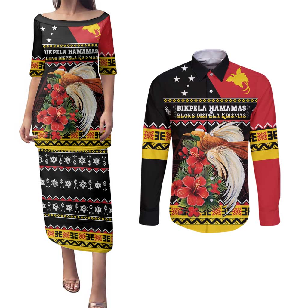 Papua New Guinea Christmas Couples Matching Puletasi and Long Sleeve Button Shirt Bird Of Paradise Hamamas Krismas