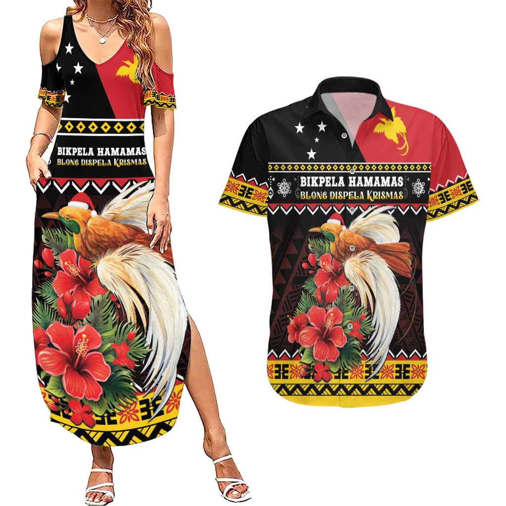 Papua New Guinea Christmas Couples Matching Summer Maxi Dress and Hawaiian Shirt Bird Of Paradise Hamamas Krismas