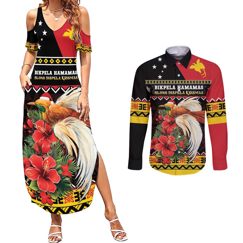 Papua New Guinea Christmas Couples Matching Summer Maxi Dress and Long Sleeve Button Shirt Bird Of Paradise Hamamas Krismas