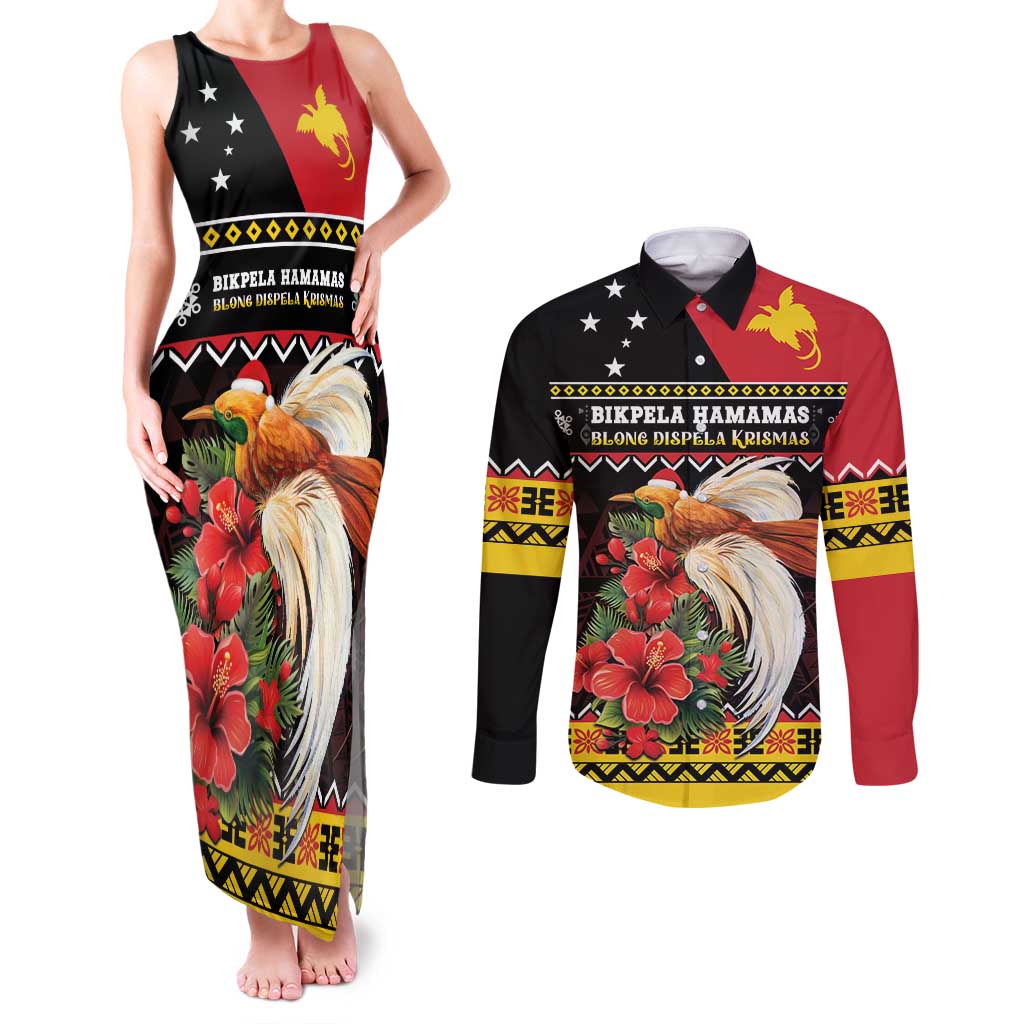 Papua New Guinea Christmas Couples Matching Tank Maxi Dress and Long Sleeve Button Shirt Bird Of Paradise Hamamas Krismas