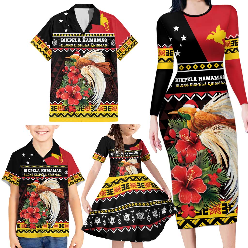 Papua New Guinea Christmas Family Matching Long Sleeve Bodycon Dress and Hawaiian Shirt Bird Of Paradise Hamamas Krismas