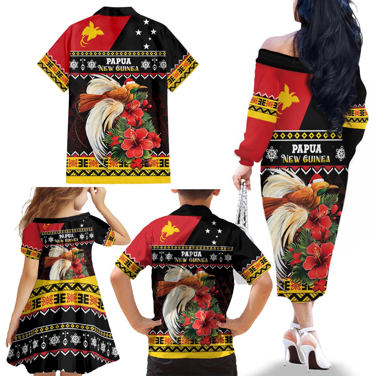 Papua New Guinea Christmas Family Matching Off The Shoulder Long Sleeve Dress and Hawaiian Shirt Bird Of Paradise Hamamas Krismas