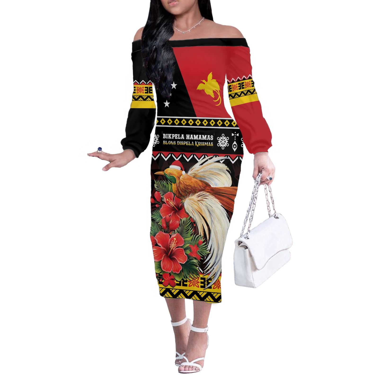 Papua New Guinea Christmas Off The Shoulder Long Sleeve Dress Bird Of Paradise Hamamas Krismas