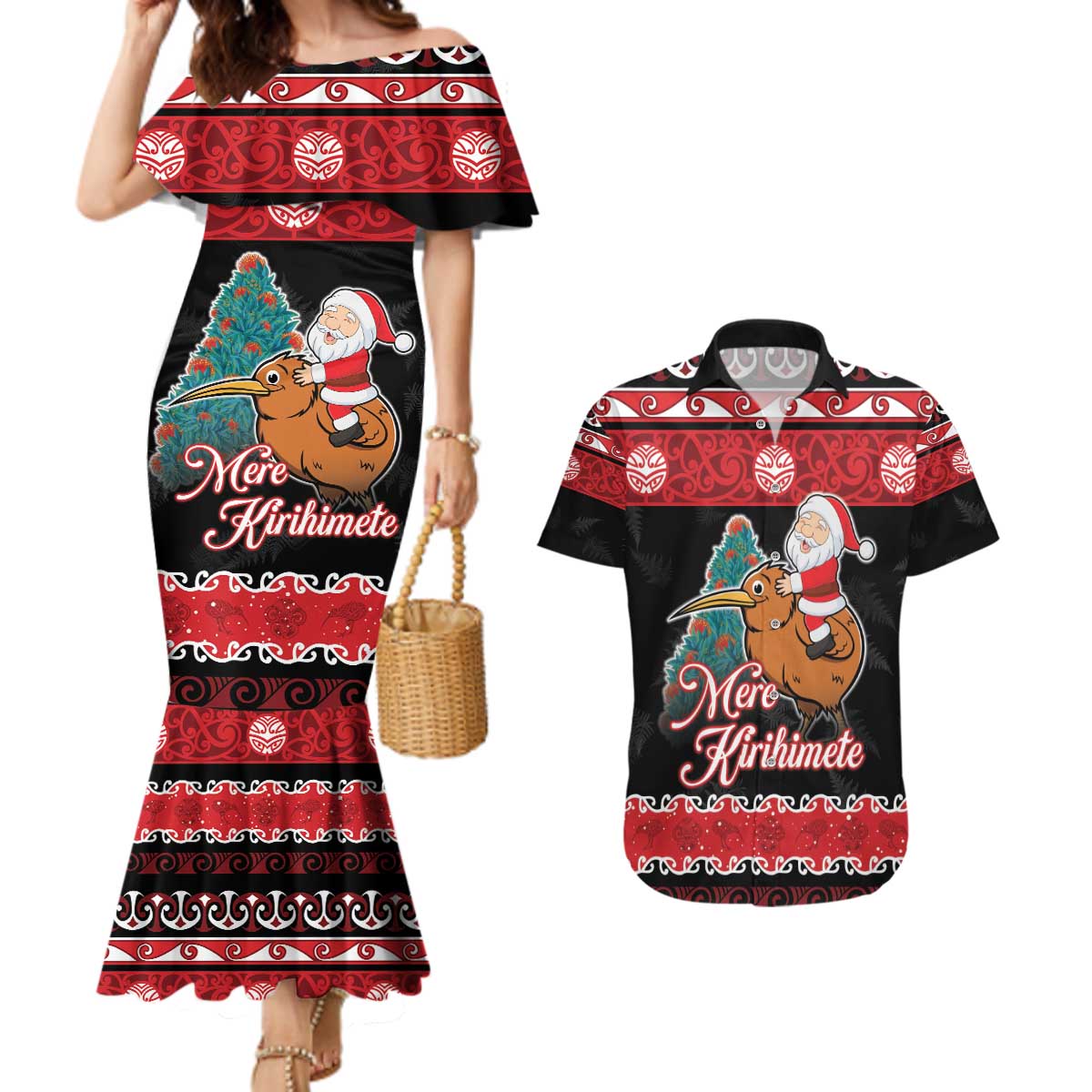 New Zealand Christmas Couples Matching Mermaid Dress and Hawaiian Shirt Funny Santa Riding Kiwi Meri Kirihimete