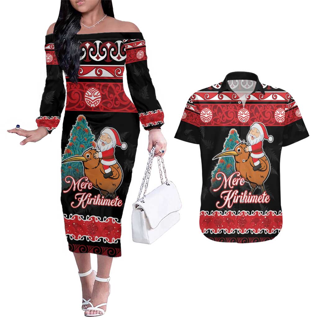 New Zealand Christmas Couples Matching Off The Shoulder Long Sleeve Dress and Hawaiian Shirt Funny Santa Riding Kiwi Meri Kirihimete