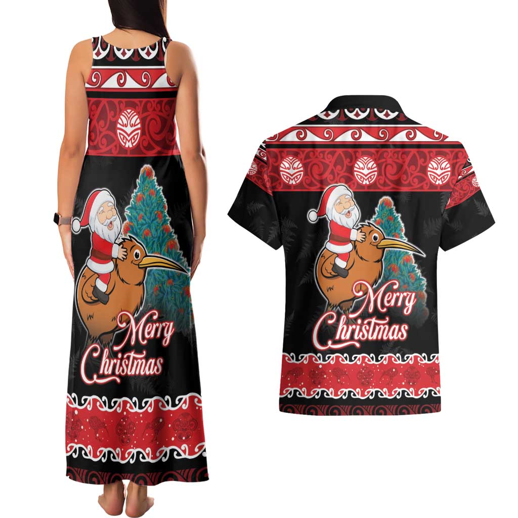 New Zealand Christmas Couples Matching Tank Maxi Dress and Hawaiian Shirt Funny Santa Riding Kiwi Meri Kirihimete