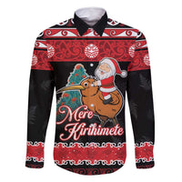 New Zealand Christmas Family Matching Off Shoulder Short Dress and Hawaiian Shirt Funny Santa Riding Kiwi Meri Kirihimete LT05 Dad's Shirt - Long Sleeve Black - Polynesian Pride