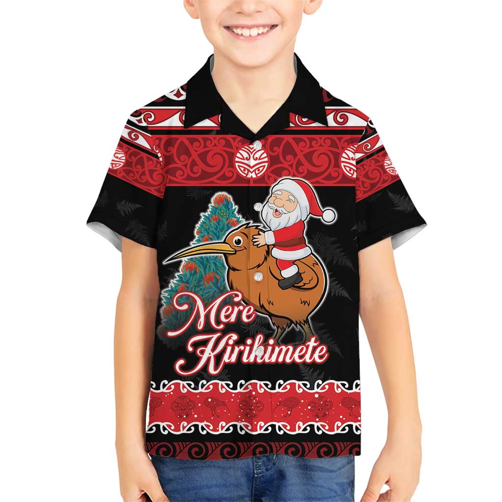 New Zealand Christmas Family Matching Off Shoulder Short Dress and Hawaiian Shirt Funny Santa Riding Kiwi Meri Kirihimete LT05 Son's Shirt Black - Polynesian Pride