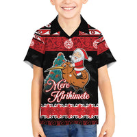 New Zealand Christmas Family Matching Off Shoulder Short Dress and Hawaiian Shirt Funny Santa Riding Kiwi Meri Kirihimete LT05 Son's Shirt Black - Polynesian Pride