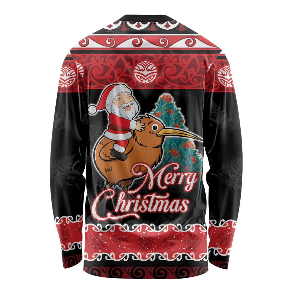 New Zealand Christmas Long Sleeve Shirt Funny Santa Riding Kiwi Meri Kirihimete