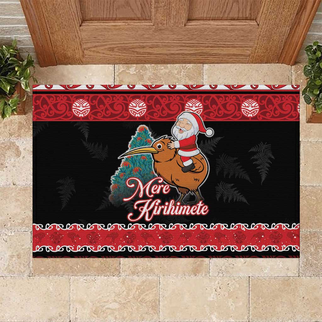 New Zealand Christmas Rubber Doormat Funny Santa Riding Kiwi Meri Kirihimete LT05 Black - Polynesian Pride