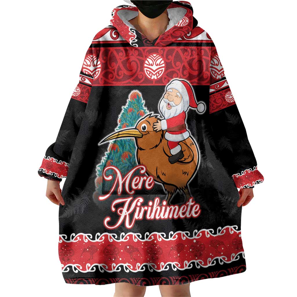 New Zealand Christmas Wearable Blanket Hoodie Funny Santa Riding Kiwi Meri Kirihimete