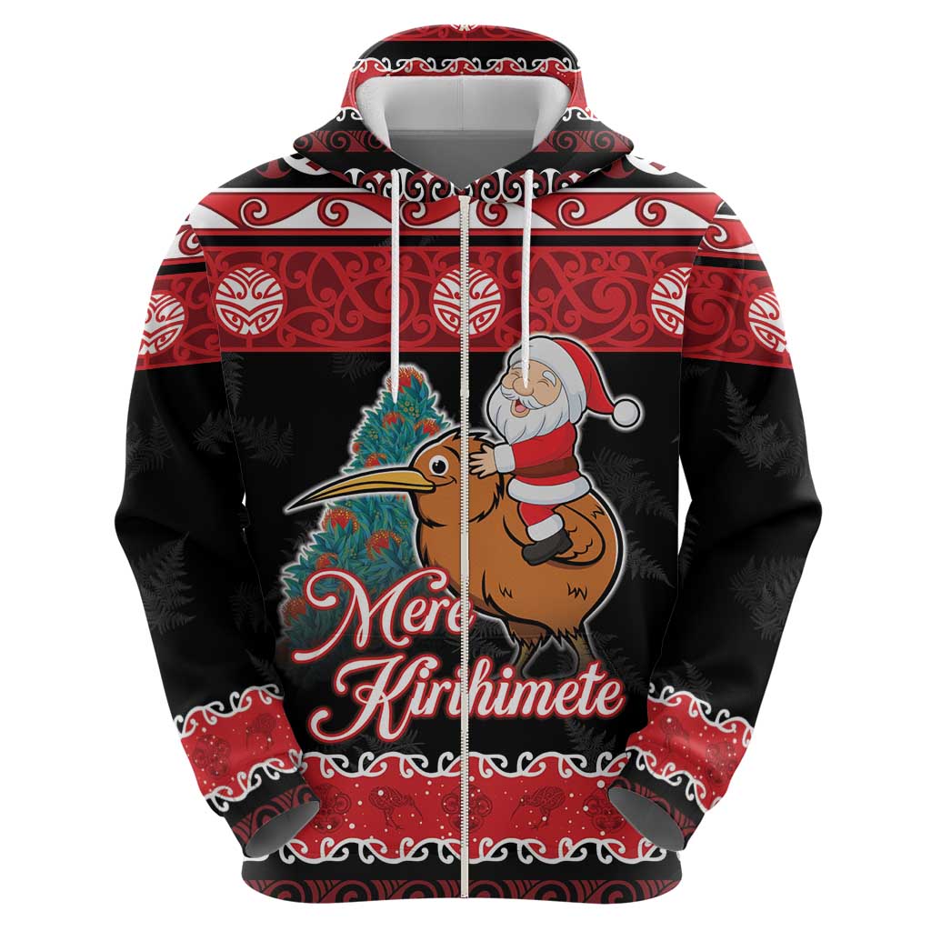 New Zealand Christmas Zip Hoodie Funny Santa Riding Kiwi Meri Kirihimete