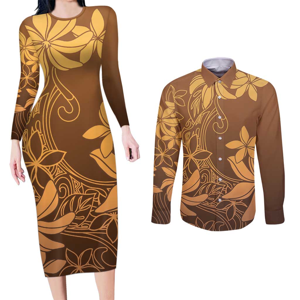 Tiare Tahiti Couples Matching Long Sleeve Bodycon Dress and Long Sleeve Button Shirt Brown Polynesia Motifs - Polynesian Pride