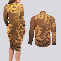 Tiare Tahiti Couples Matching Long Sleeve Bodycon Dress and Long Sleeve Button Shirt Brown Polynesia Motifs - Polynesian Pride