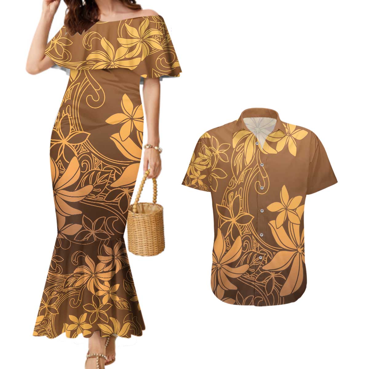 Tiare Tahiti Couples Matching Mermaid Dress and Hawaiian Shirt Brown Polynesia Motifs - Polynesian Pride