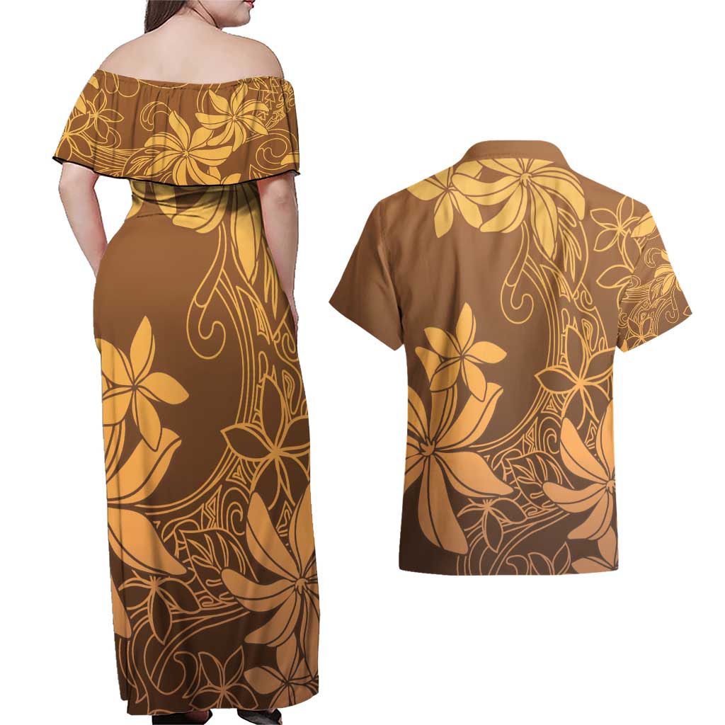Tiare Tahiti Couples Matching Off Shoulder Maxi Dress and Hawaiian Shirt Brown Polynesia Motifs - Polynesian Pride