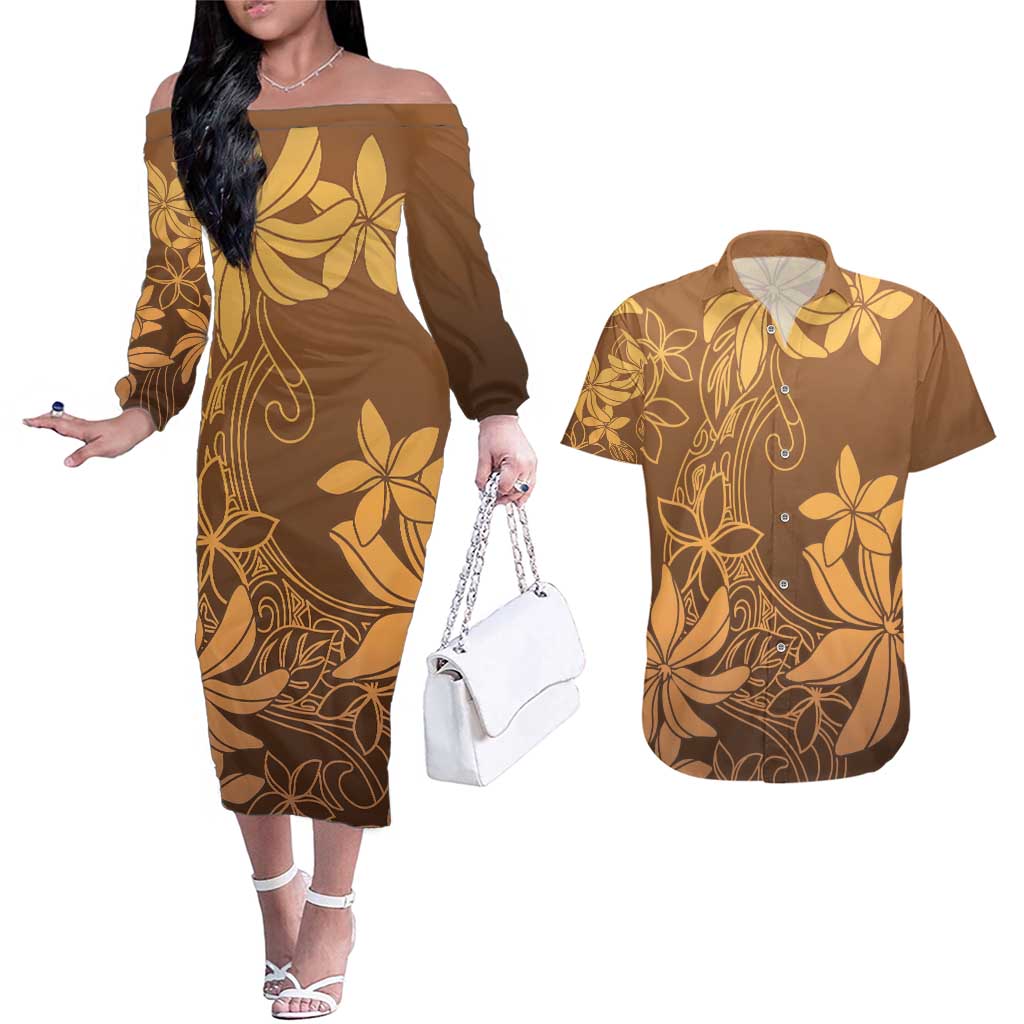 Tiare Tahiti Couples Matching Off The Shoulder Long Sleeve Dress and Hawaiian Shirt Brown Polynesia Motifs - Polynesian Pride