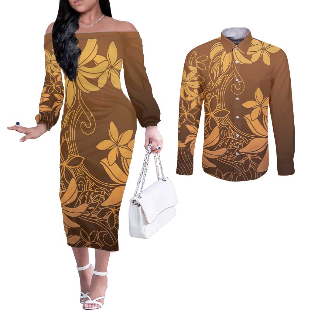 Tiare Tahiti Couples Matching Off The Shoulder Long Sleeve Dress and Long Sleeve Button Shirt Brown Polynesia Motifs - Polynesian Pride