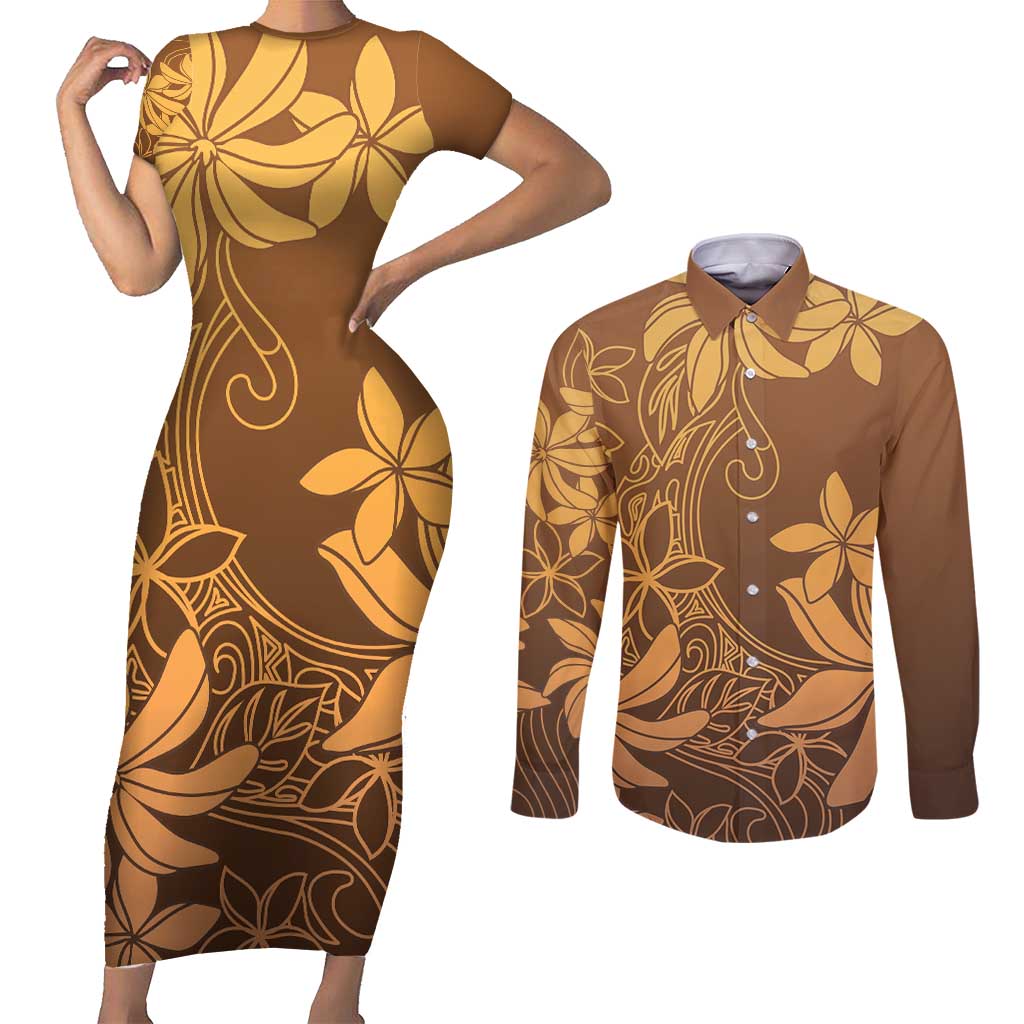 Tiare Tahiti Couples Matching Short Sleeve Bodycon Dress and Long Sleeve Button Shirt Brown Polynesia Motifs - Polynesian Pride