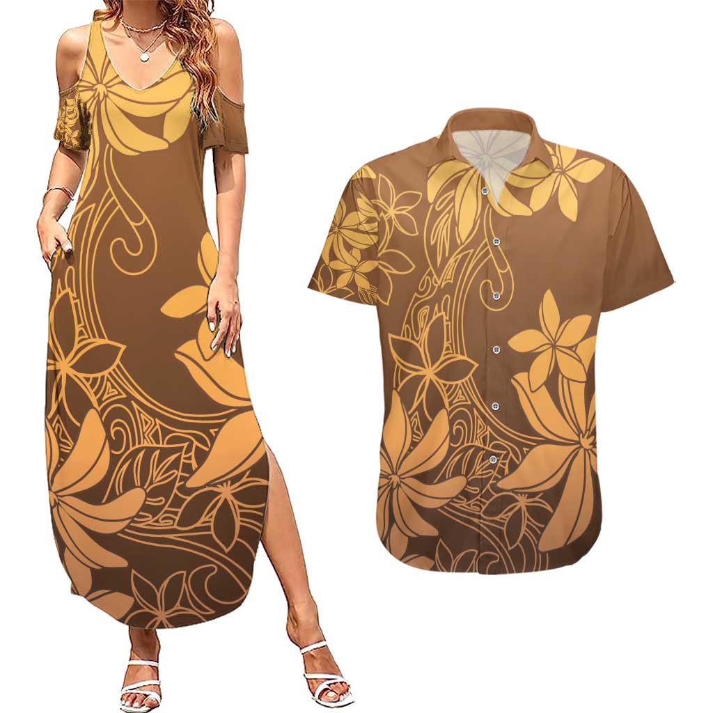 Tiare Tahiti Couples Matching Summer Maxi Dress and Hawaiian Shirt Brown Polynesia Motifs - Polynesian Pride
